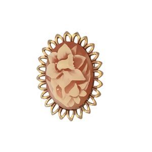 Vintage Cameo Brooch Carved Cream Flower In Pink/Coral Resin Goldtone Setting